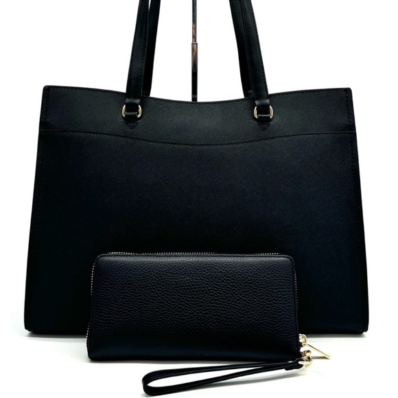 Michael Kors Large MF Pocket Shoulder Tote Bag & Continental Wallet Black/Gold - Picture 5 of 15